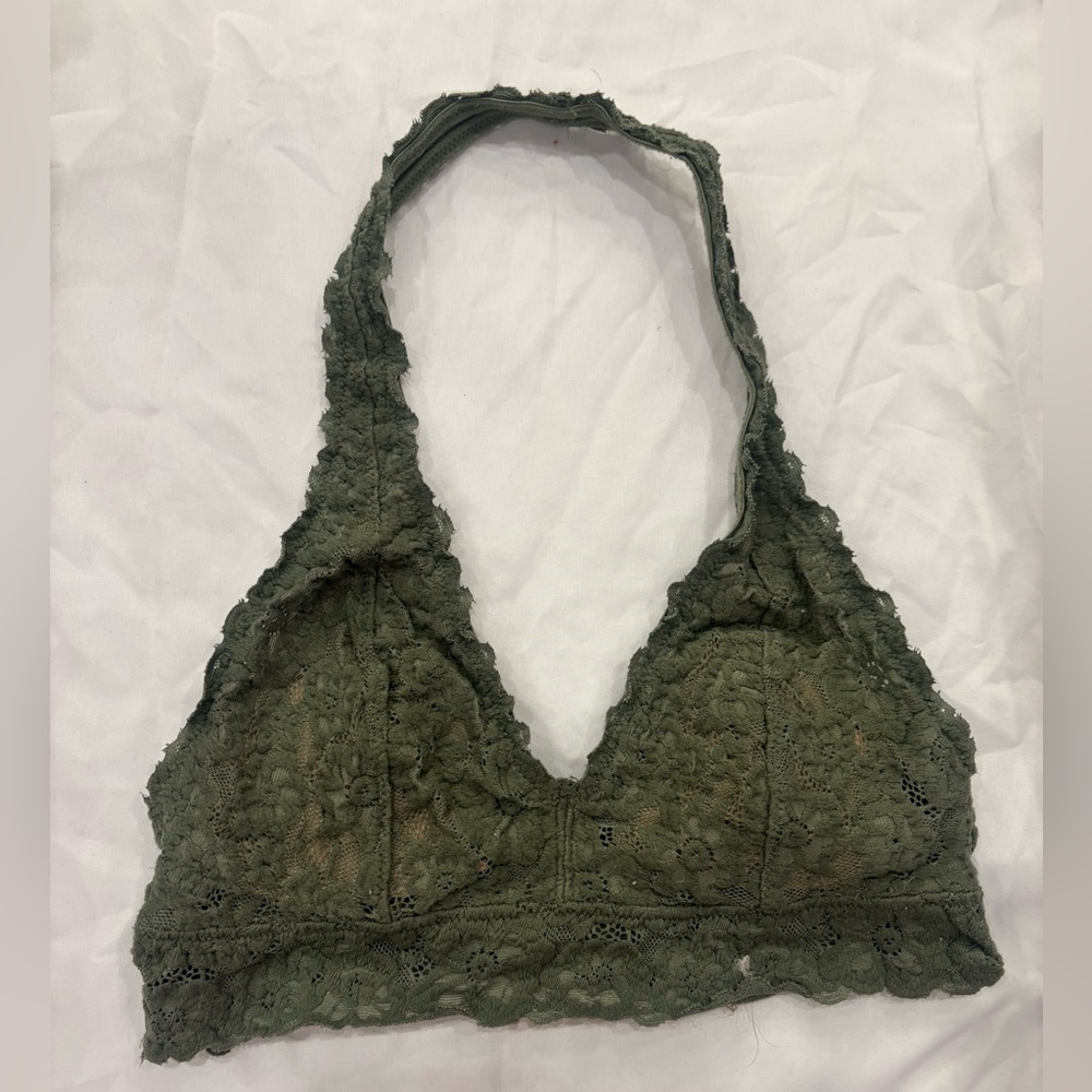Lace Halter Bralette in Olive Green - Women Intimates aerie small